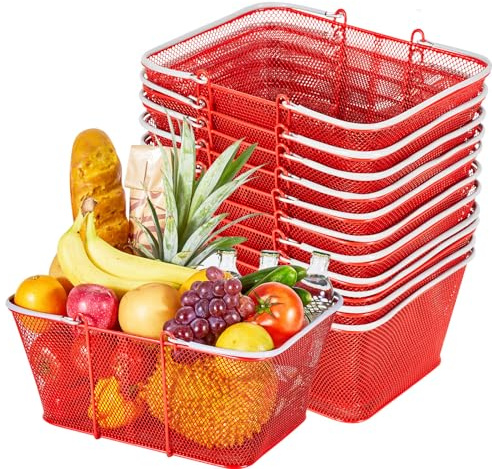 VEVOR Shoppingkorgar, 12 st, 22 L stapelbara livsmedelskorgar i metall med handtag, tät nätstruktur, rymmer upp till 20 kg, bärbar för matvaror, detaljhandel, stormarknad, bokhandel, hemmabruk, röd