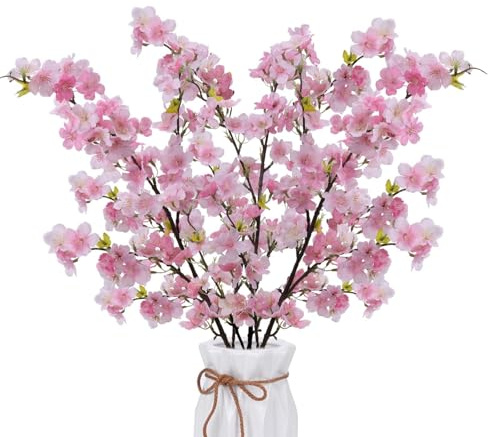 Zythrem 3pcs 110CM Artificial Cherry Blossom Stems Silk Spring Peach Blossom Dark Pink Flowers Bouquet Fake Flowers Arrangements for Indoor Outdoor Wedding Party Hotel Vase Home Decor