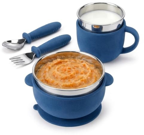 NENEVIBE Set Bebé 4 Piezas 2en1 Acero Inoxidable + Silicona | Cuenco y Vaso Desmontables con Ventosa + Cubiertos BLW | Sin BPA Apto Lavavajillas | Alimentación Complementaria 6 Meses (Azul)