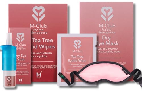 M-Club Dry Eye Relief Set with Heated Mask, Eyelid Wipes and Drops, Vegan | Three Step Daily Care for Irritated Sore Lids During Menopause, Warm Compress, Tea Tree Pads and Lubricant, Sore Gritty Eyes