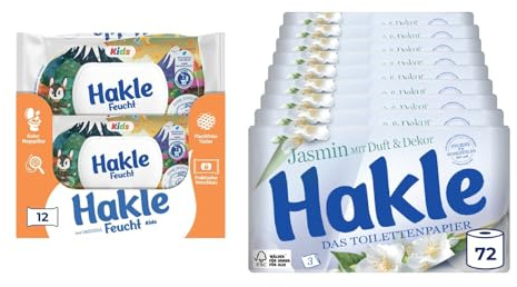 Hakle Feucht Kids, 12 Packungen + Hakle Jasminduft & Dekor, 72 Rollen | 12 x 42 Blatt Feuchtes Toilettenpapier und 150 Blatt pro Rolle 60% recycelte Verpackung Toilettenpapier