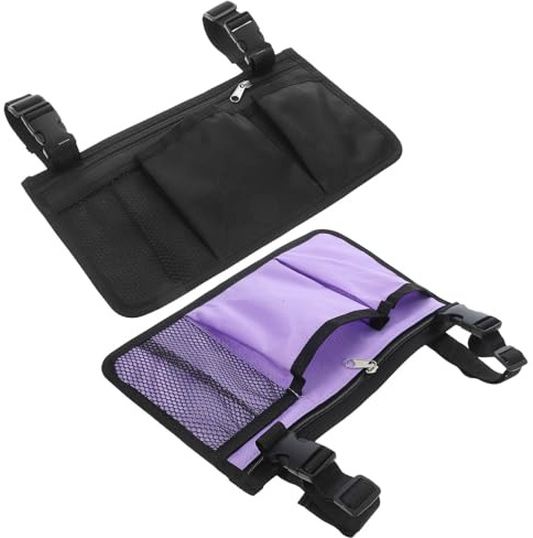 SECFOU Lot de 2 Sacoches Latérales pour Fauteuil Roulant Paquet D’Accoudoir Noir et Violet Organiser de Rangement Multiples Poches Bandoulière Réglable Compatible Fauteuil Roulant