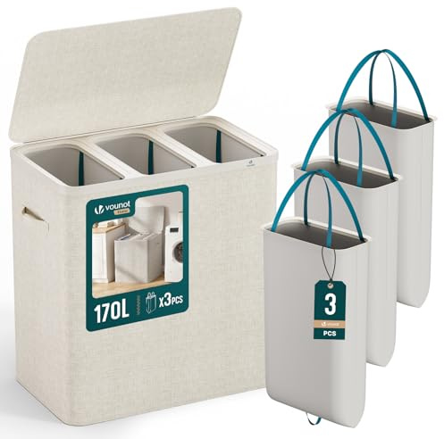 VOUNOT® Panier à Linge 170L Rectangulaire à 3 Compartiments Grande Capacité avec Couvercle et 3 Sacs Amovibles Auto-Ajustable avec Poignées pour Salle de Bain Chambre Famille et Buanderie Beige