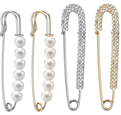 Hiacinto 4 Stück Broschen Set, Gold & Silber Anstecknadeln mit Perle & Strass, Sicherheitsnadel für Pullover, Schal & Kleidung