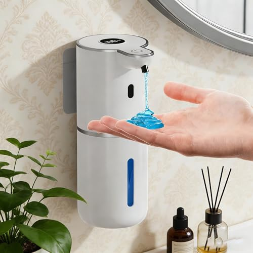 Fantictas Automatisch Seifenspender, Elektrischer Seifenspender mit Display, USB-Wiederaufladbarer,6-Stufig Einstellbar, 380ml Wandmontage für Badezimmer/Küche/Geschirrspülmittel, Weiß
