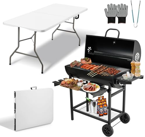 TEENO Holzkohlegrill, Grillhandschuhe, groß, mit weißem Klapptisch, für den Außenbereich, 180 x 74 x 74 cm (Klapptisch weiß + Holzkohlegrill)