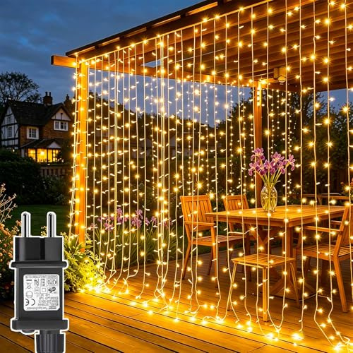 Lichtfam Tenda Luminosa Natale 300 LED 3x3m Luci Natale con Spina, Timer, 8 Modalità Addobbi Natalizi per La Casa Impermeabile Cascata Luci per Finestra Balcone Festa Interno Esterno Decorazioni
