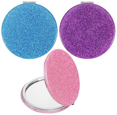 Elegaperma Lot de 3 miroirs de maquillage ronds et compacts - Grossissement 1 x / 2 x - Rose scintillant - Miroir de poche pour voyage, cosmétiques et cadeaux - Multicolore