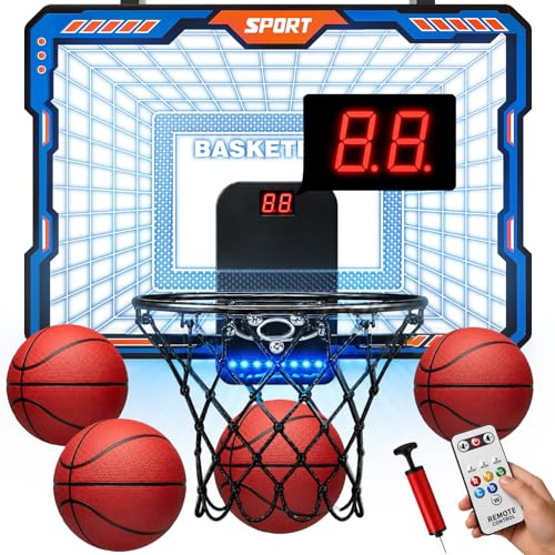 YESHIN Indoor Basketballkorb Kinder mit 7 Farb-LED Licht & Fernbedienung, Mini Basketball Set für Türmontage, LED Zähler mit Sound, 3 Spielmodi, 4 Bällen & Luftpumpe für Jungen Mädchen Geschenke