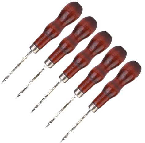 Rengue 5 Pezzi con Manico in Legno, Punzone per Cucire, Punteruolo, Strumento per Cucire in Pelle, con Manico in Legno Naturale, per Borsa per Riparazione Scarpe, Carta Artigianal