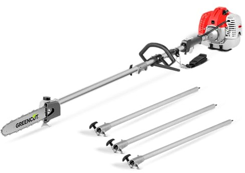 GREENCUT PP650X - Podadora de altura de gasolina de 56cc y 4,9cv, espada de 305mm y altura maxima de 5m, con 3 barras extensibles (Reacondicionado)