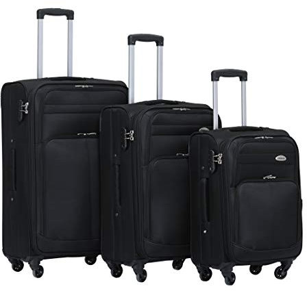 BEIBYE Stoff Kofferset Trolley Gepäckset mit Vorder Taschen, Oberer Öffnung und Dehnungsfuge (Schwarz)