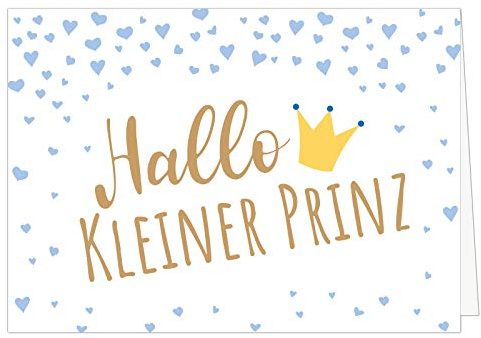 Große Design Glückwunsch-Karte XXL (A4) zur Geburt, Motiv: Hallo kleiner Prinz, blaue Herzen, Sohn Junge/mit Umschlag/Edle Klappkarte/Maxi Gruß-Karte/Baby geboren/Gratulation Eltern