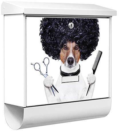 banjado® Burgwächter Briefkasten Weiß 38x39x12cm mit Motiv Friseur J. Russel/Briefkasten mit Zeitungsfach/Briefkasten mit Zeitungsrolle/Postkasten inkl. Montagematerial & 2 Schlüsseln