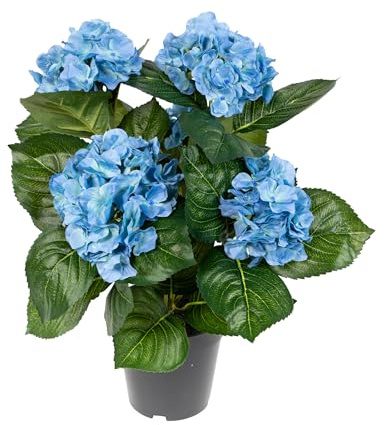 Seidenblumen Roß Hortensienbusch Deluxe 42cm blau im Topf LM, Kunstpflanzen wie echt, Fake Plants künstliche Hortensie Grün Busch Pflanzen Blumen, Wohnzimmer Home Decoration Dekopflanzen