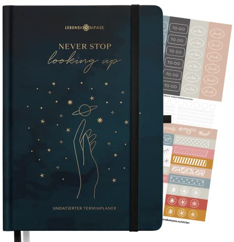 Lebenskompass Terminplaner Undatiert A5 ”STARGAZING” - Schöner Hardcover Kalender ohne Datum - Terminkalender mit Stifthalter, Froschtasche + Extras