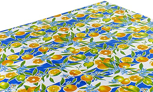 First Choice Vinyls Alux Seville Oranges Oilcloth Tablecloth for Patios, Picnic and Kitchen Tables - Blue - Plastic Vinyl - Mantel de Plastic (55in Circle)