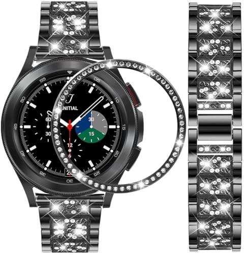 DEALELE Armband Kompatibel mit Samsung Galaxy Watch 4 Classic (46mm), 20mm Luxus Diamant Metall Armbänder mit Strass Watch Face Bezel Ring Schutzhülle Ersatz für Damen Herren, Schwarz