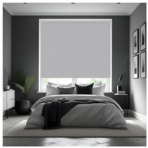 Thermal Insulated Blackout Fabric Roller Blinds, Easy Fit Room Darkening Shades Fittings Included Light Grey (Width 90cm x Length 165cm, Blackout, Grey) (BK004)