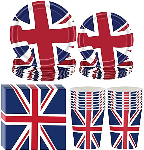 64 Pcs Union Jack Party Supplies , Union Jack Tableware Set, Union Jack Paper Cups Plates Napkins Tableware Kit, British Flag Party Supplies Decorations, Queens Platinum Jubilee Decorations(64PCS)