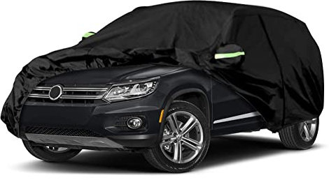 Autoabdeckung Wasserdicht für VW Tiguan 2017–2025, SWB Atmungsaktiv Vollgarage Auto Abdeckplane für Regen Sonne Staub Schutz mit Reißverschluss, Schwarz Autohülle für Innen und Außenbereich