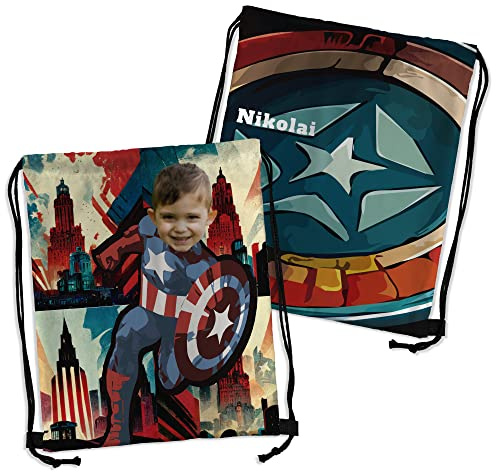 LolaPix Personalisierter Rucksack mit Namen und Foto. Mit Kordelzug. String Bag. Schulrucksack. Schwimmrucksack. Kindertasche. Beutel. Gym Bag. Originelle Geschenke. Amerikanischer Kapitän