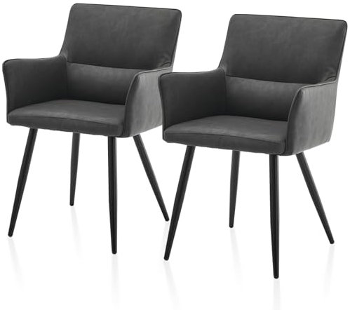 TUKAILAI Esszimmerstühle 2er-Set aus Kunstleder, Küchenstuhl mit Armlehnen, Rückenlehne, Metallbeine, Freizeit Polsterstuhl Wohnzimmer-Sessel für Esszimmer Küche Empfang Modern, Dunkelgrau