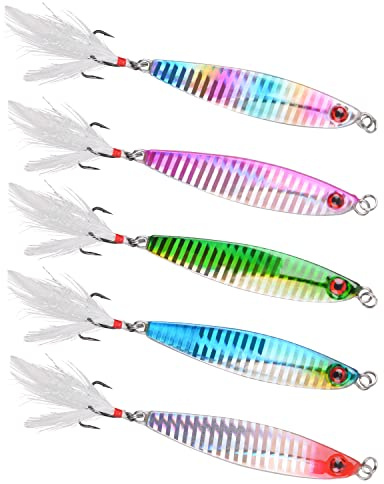 Fishing Lures Set, 5pcs Hard Metal Fishing Lure Sequins Spoons with Treble Hooks Feather Tail Sea Fishing Sinking Lure Artificial Bait for Saltwater Freshwater(14g-5pcs)
