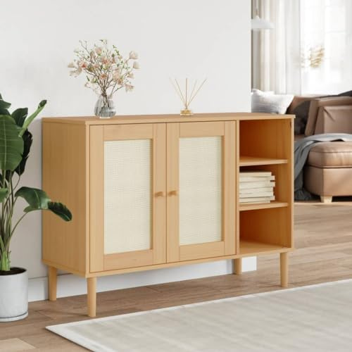 AUVYI Sideboard Rattan-Optik Braun 112x40x80 cm Kiefernholz Wäscheschrank TV Board Badezimmerschrank Lowboard Wohnzimmer Küchenschrank Schuhregal Schmal Aktenschrank Bücherregal