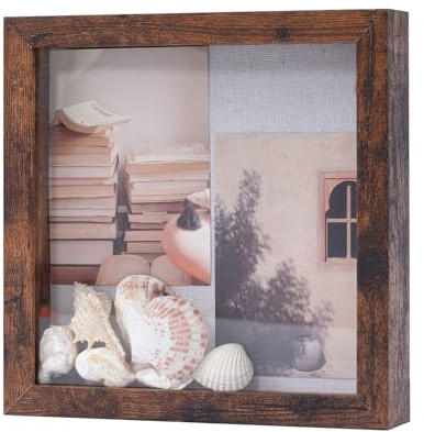 Muzilife 3D Bilderrahmen zum Befüllen mit Glasscheibe 22x22 cm | Tiefer Holz Rahmen, Objektrahmen Shadow Box, als Geschenk für Familie Freunde, Fotos Erinnerungsbox Dunkelbraun