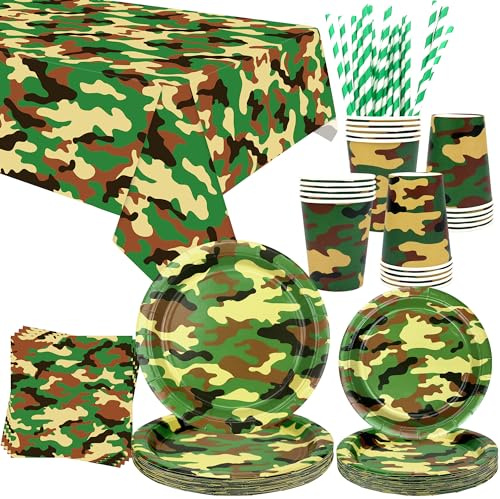 Camo Party Supplies - Army Party Tableware - Dinner Plates Desserts Plates Cups Napkins Tablecover Straws for Boy Camouflages Hunting Military Party Supplies, Serves 20 (20)