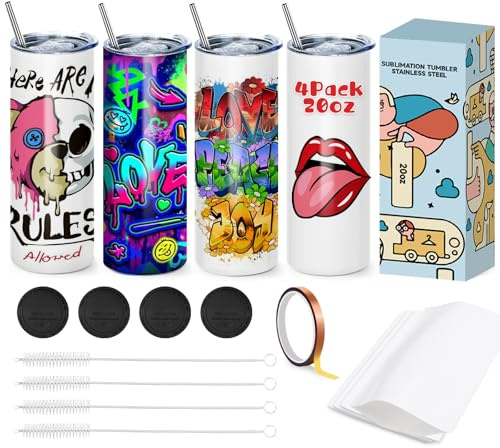 Gobelet pour Sublimation - Caffoltgo Lot de 4 Gobelets Droit en Acier Inoxydable 20 oz, Blanc, Inclut Couvercle et Pailles, Emballage Individuel Rétractable (4pcs)