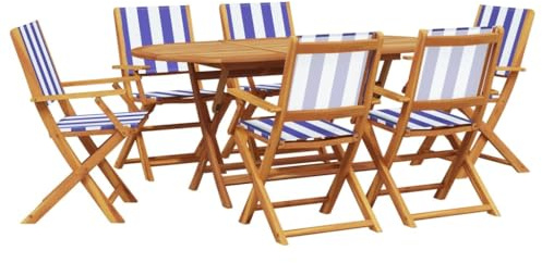 vidaXL Garten Essgruppe 7-TLG., Gartengarnitur mit Klappdesign, Sitzgruppe für Garten Terrasse, Gartentisch Stühle Gartenmöbel, Stoff Massivholz Akazie Blau Weiß