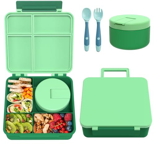 Itslife Lunch Box Kinder Set mit 300ml Thermobehälter für Essen, Auslaufsicher Brotdose Kinder mit 4 Fächern, Isolierte Lunchtasche, BPA-Freie Thermo Lunchbox Kinder, Schule, Ausflüge (Grün)