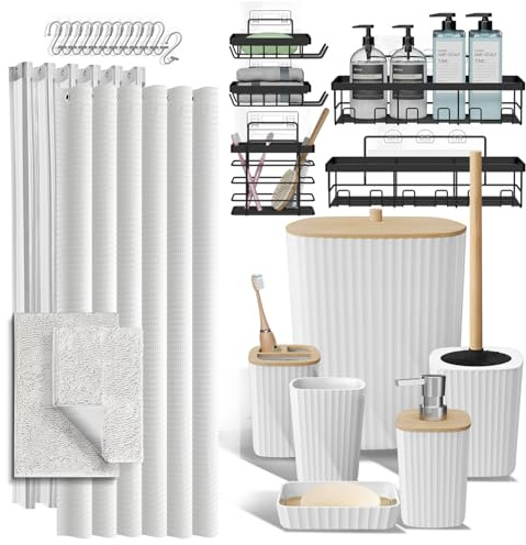 Ensemble d'accessoires de Salle de Bain avec Tapis de Bain, Ensemble d'accessoires de Salle de Bain 27 pièces avec paniers de Douche, Tapis de Bain Blancs, Ensemble de Rideau de Douche, Brosse de