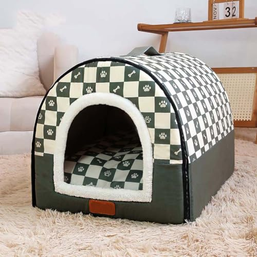 Pet House 2 In 1 Enclosed Dog Kennel Bed, Cat Cave Warm Sleeping Nest Bed with Removable Anti Anxiety Cushion, Cozy Dogs Igloo House Non-Slip Pet Bed (L,Green)