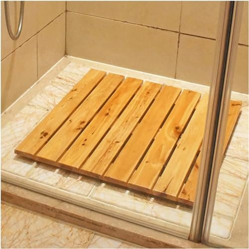 HGOuhK Tapis de Bain en Bois Tapis de Douche en Bois antidérapant, Tapis de Bain, Salle de Bain intérieure, Planche de vidange en caillebotis pour Sol de Salle de Bain(Natural-1pcs,60x60cm)