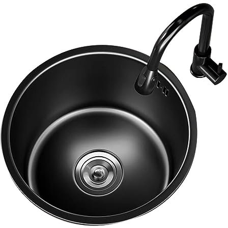 SFNIOKFG Mini évier de Cuisine Rond en Acier Inoxydable à Fente Unique, Petit évier de Cuisine pour Balcon, évier encastré sous Plan avec éviers de Robinet (Couleur : Noir, Taille : 36 x 36