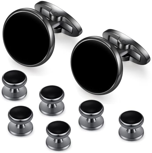 HONEY BEAR 8 st set manschettknappar och dubbar – svart onyx, för män skjortor smoking tillbehör bröllopspresent, 1.8cm, Koppar, Ingen ädelsten
