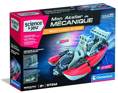 Clementoni | Coffret Bateau à Moteur de Course à Construire 8 Ans + | Mon Atelier Mécanique | Mécanismes à Actions | STEM | 80 Pièces | Manuel 3D | Réplique | Fabriqué en Italie | Cadeau Jouet Enfant