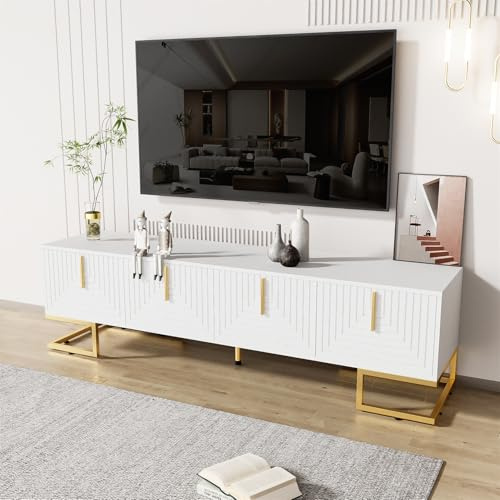 Generisch TV-Schrank,Lowboard Mit Strukturierter Tür, TV-Möbel Mit Schubladen, Goldenen Griffen Und Goldenen Füßen,Weiß