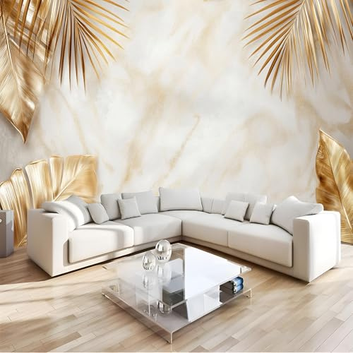 JSCWDET Papier Peint Panoramique Fond en marbre 350× 256 cm (W×H) - Décoration murale moderne – Tapisserie décorative pour chambre salon - feuilles de palmier dorées pour Restaurant Décoration Murale