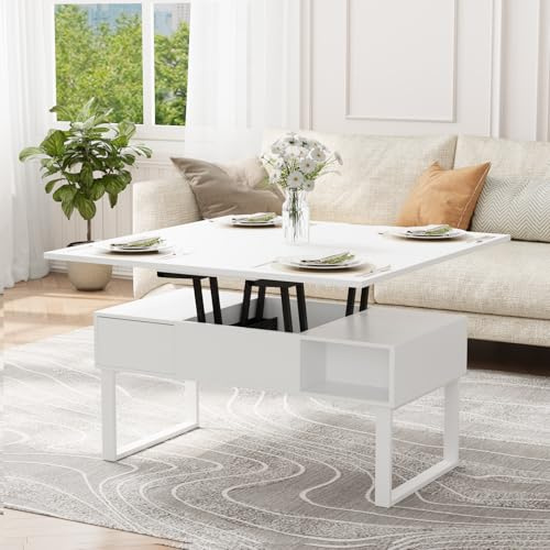 VOWNER Couchtisch Höhenverstellbar, 3-in-1-Multifunktions-Wohnzimmertisch mit 2 Schubladen & Versteckter Aufbewahrung, Als Esstisch Nutzbar, für Wohnzimmer, Büro (Weiß)