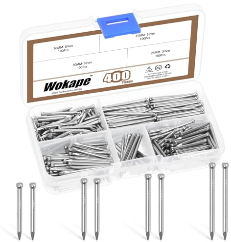 Wokape 400Pcs Finishing Nail Assortment Kit, 1 1/32 ‌1 3/32 ‌1 3/16 ‌1 3/8‌ Hand Drive Nails Silver Carbon Steel Finish Nails Round Head Tiny Nail Set for Wood Products Interior Baseboard