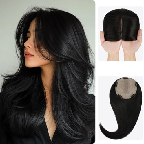 Zakya Echthaar Topper Damen - 15,2X16,5CM Basis Haartopper für Frauen - Toupet Damen 130% Dichte - 16 Inch Haarlänge - Off Schwarz 1B#