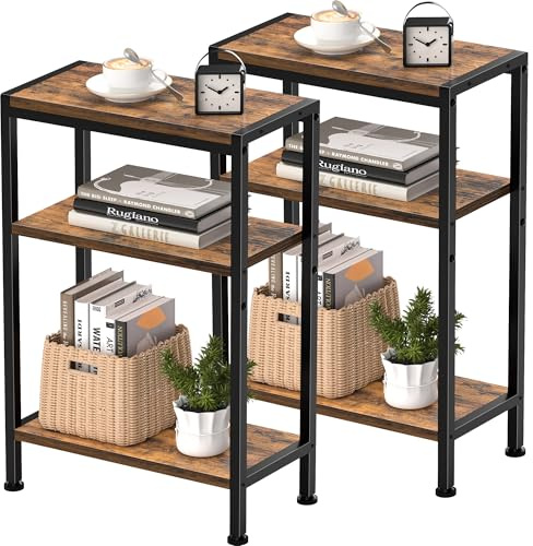 Schmaler Beistelltisch, Nachttisch, 2er Set, Kleiner Tisch, 3 Ablagen Nachttisch Schmal mit Stauraum, sofa beistelltisch für schmale Räume, Wohnzimmer, Schlafzimmer, Küche &Balkon (Vintagebraun)