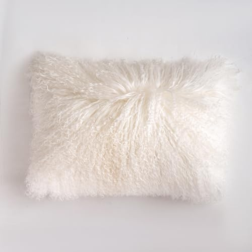 Coussins 30cm x 50cm en Véritable Fourrure d'agneau Tibétain-Mongol - Rembourrage Polyester Haut de Gamme - Décoration Luxe, Hypoallergénique, Lavable - pour Salon, Chambre ou Bureau (Blanc Naturel)