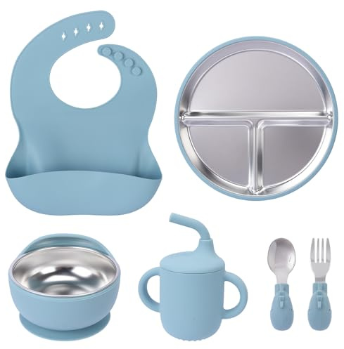 WUSUPU 6 Stück Silikon Baby Geschirrset, Rutschfest Kindergeschirr Set mit Teller, Schüssel, Lätzchen, Trinklernbecher, Löffel Und Gabeln,Baby Led Weaning Set