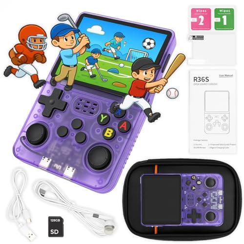 uMadeUs R36s Pro Handheld Gaming Console – 20,000+ Classic Video Game Collection – New Retro Arcade System with 128gb Sd Card - 3.5 Screen - Mini Portable Player PSP, DS, GBA, PS1, MAME (Purple)