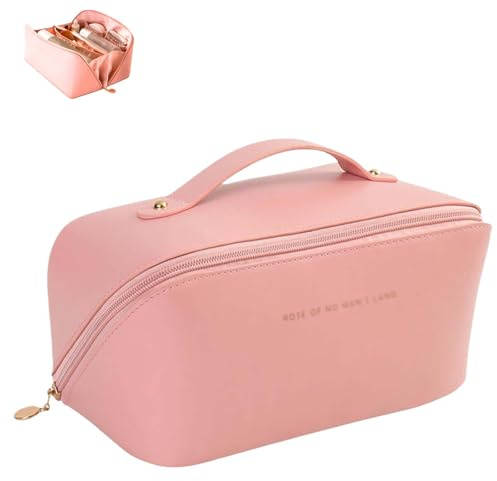 Pink Makeup Bag, Open Flat Makeup Bag with Compartments Travel Makeup Bag